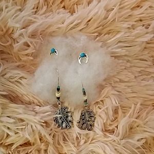 Double Set Brand New Boho Beaded Leaf Dangle Earrings & Stud Earrings